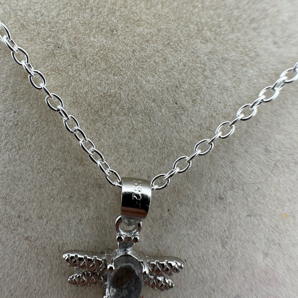 Silver Moonstone Dragonfly Pendant Necklace on Silver Plated Box Chain - Picture 12 of 12